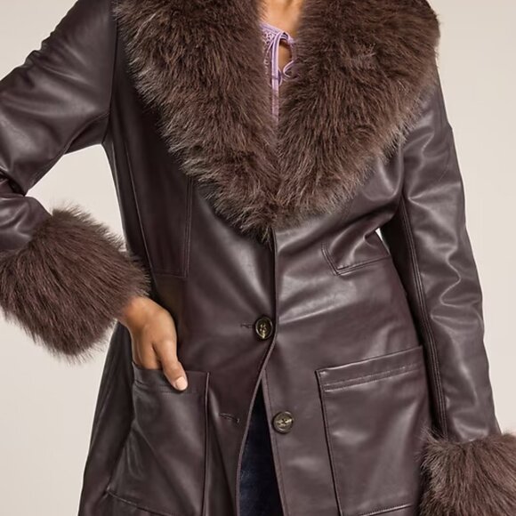 Old Navy x Anna Sui Vegan Leather Faux Fur Trimmed Coat Medium NWT - Picture 3 of 6